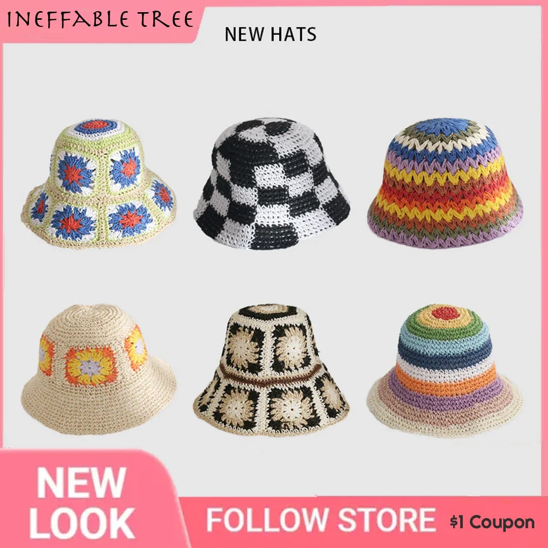 

Japan Korea Crochet Beach Straw Hat Women Summer Flowers Grid Pure Hand-woven Hat Sunshade Fisherman Breathable Bucket Gorras