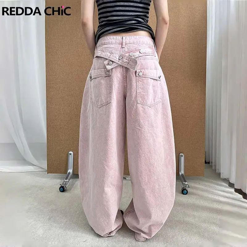 REDDACHiC Buckle‑back Barrel Jeans Women Cute Pink Solid Vintage Wash Loose Fit Low Waist Denim Baggy Pants Trendy Streetwear