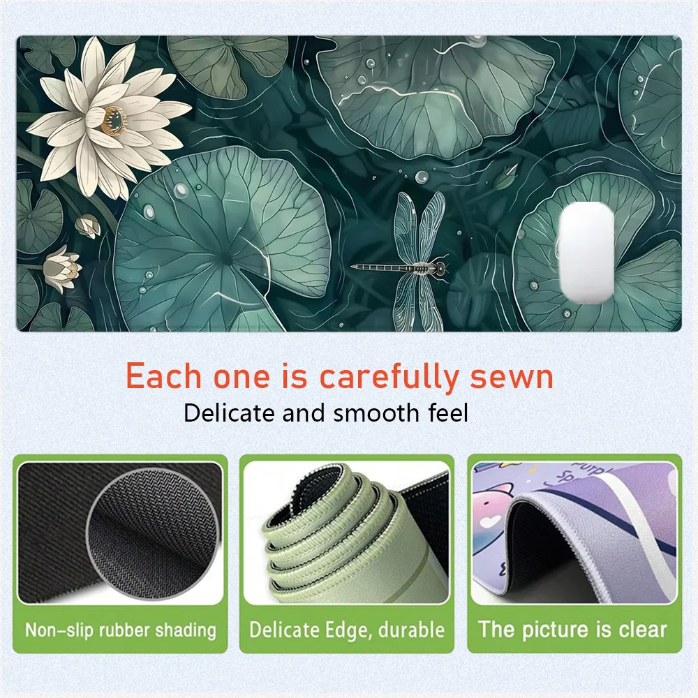Lotus Leaves Mouse Pad Art Design Large Desk Accessories Desk Pad Rubber Base with Stitched Edge Mousepad Non-Slip Deskpad
