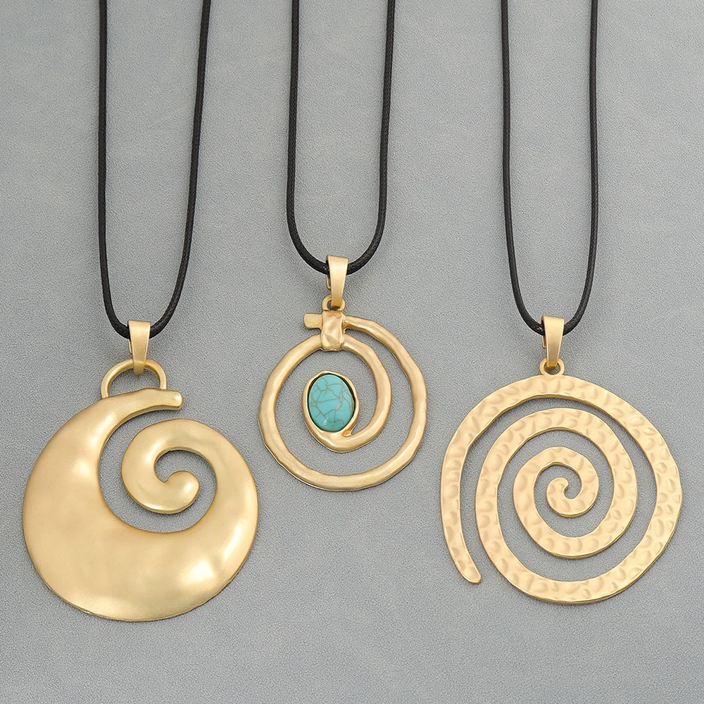 

1pc Large Spiral Vortex Swirl Huge Pendant On Long Wax Rope Leather Sweater Chain Necklace Jewellery For Women Daily Wearing