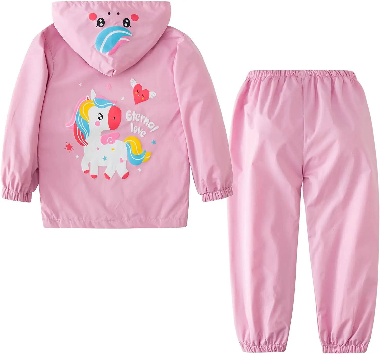 Girl Baby Kid Waterproof Hooded Coat and pants 2pcs set cartoon Unicorn Jacket Outwear Suit Raincoat  top and bottom sets