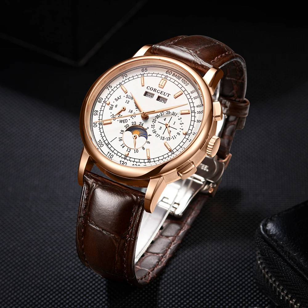 CORGEUT 41mm Fashion Business Leather Mineral Glass Automatic Mechanical Men\'s Watches Year Date Week Watch for Man316L