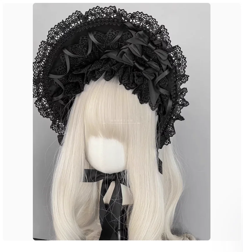 2025 Original Handmade Lolita Black Lace Bonnet Darkly Gothic Style Bnt Vintage Princess Sun Hat Woman Soft Wire Brim Headwear