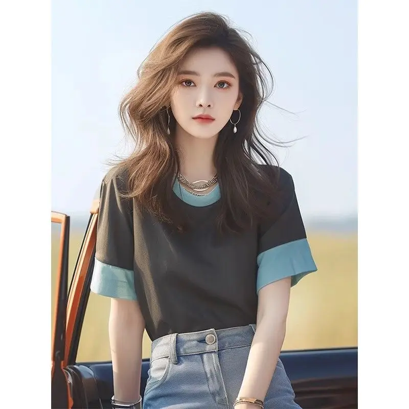 Summer contrasting color stitching solid color short-sleeved T shirt for women cute fresh casual commuting versatile top ins y2k