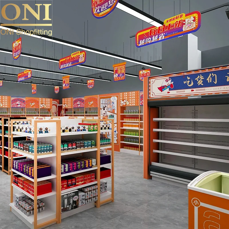 custom.ONI Shopfitting Custom Shopping Rack Gondola Shelving Double-sided Supermarket Shelves Grocery Store Display Racks with L