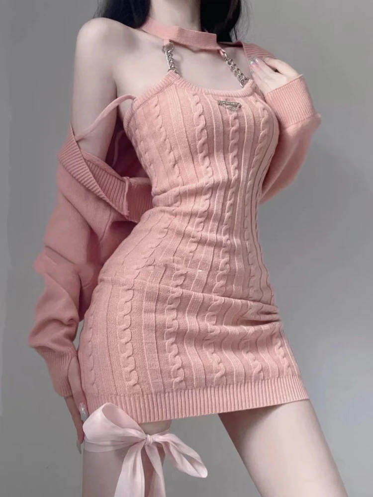 Pink Korean Sexy Two Piece Set Women Chain Sweet Vintage Mini Dress Suit Female Long Sleeve Coat + Designe Halterneck Dress 2023