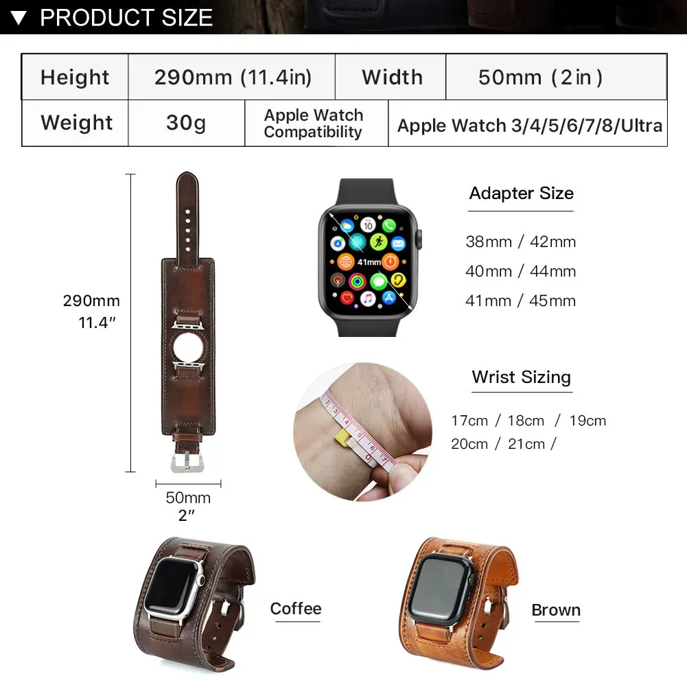 CONTACT\'S FAMILY Retro Genuine Leather Apple Watch Band iWatch Strap Series 3 4 5 6 7 8 SE Ultra Replace Wrist Strap 42mm 44mm