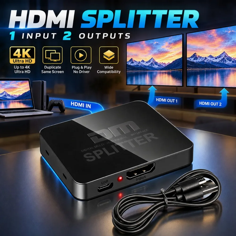 4K HDMI-compatible 1x2 Splitter Switch for Box PC Monitor Projector Laptop 1 in 2 Out Video Distributor Amplifier Dual Display