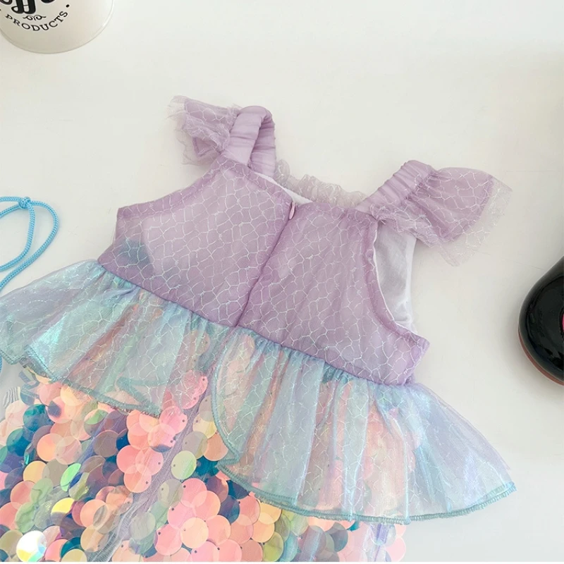 Baby Little Mermaid Party Prom Cosplay Dresses Girl Birthday Costume 2 to 8 10 Years Summer Vacation Lilac Long Children Clothes