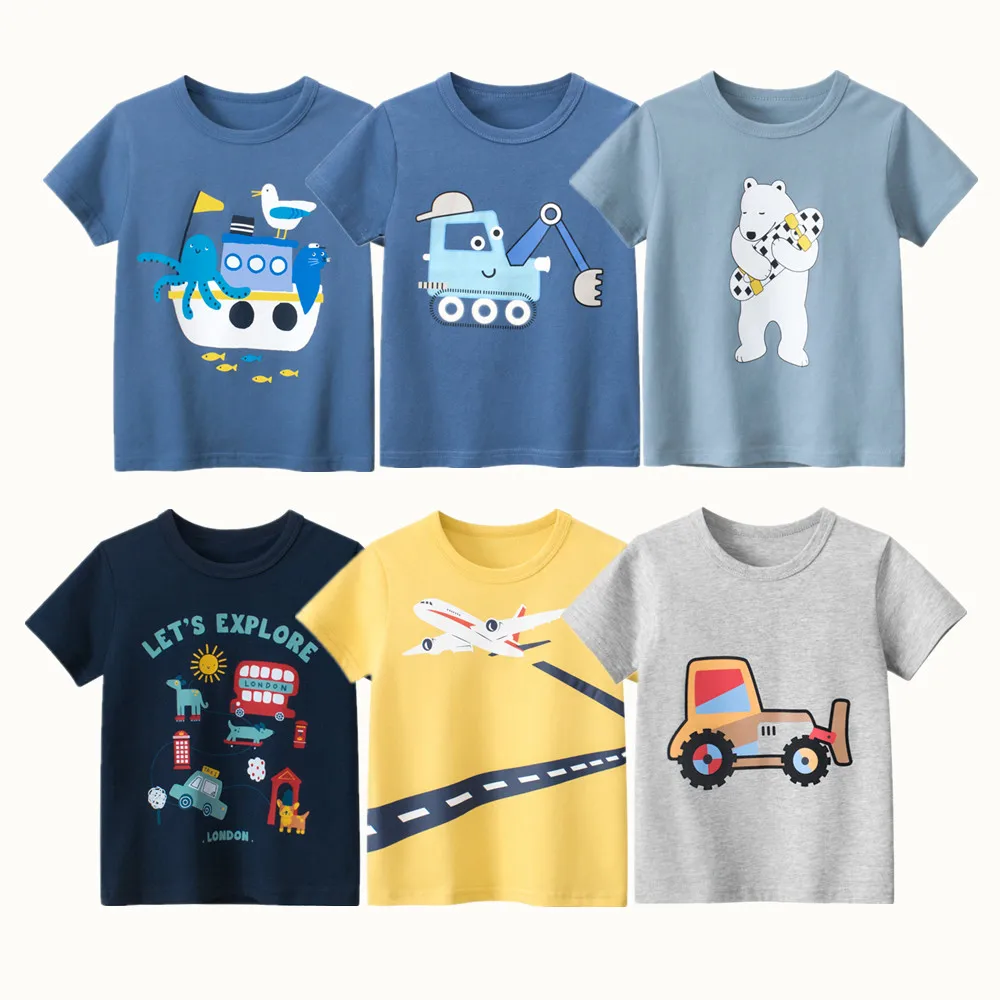 2023 Children Cartoon Short T-Shirts Clothes for Boy 100% Cotton Short Sleeve Car Bear Plane Kids Casual Sport Top Tees