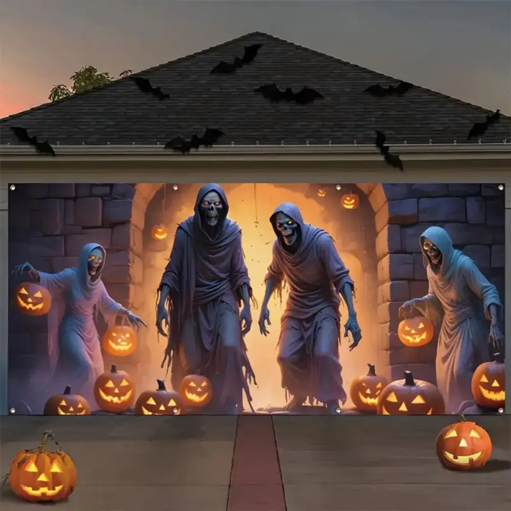 VIKAMA Halloween-Garagenbanner, 180 x 400 cm, extra groß, für den Außenbereich, Totenkopf, Jagd, Speise, Garage, Hintergrund, Stoff, Party-Dekoration