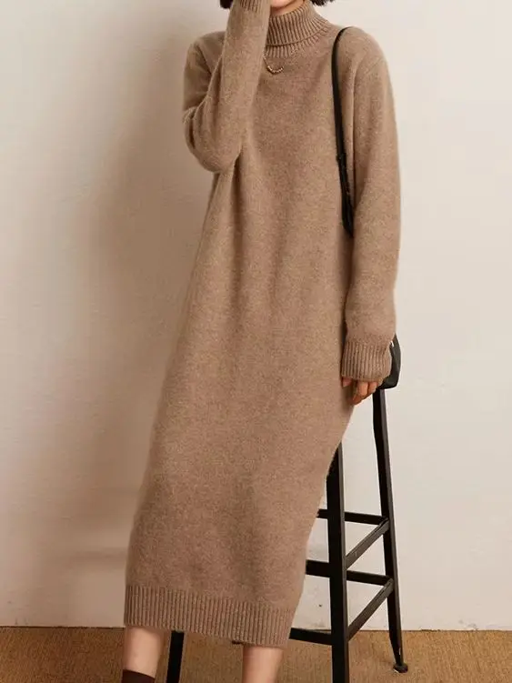 

Chic Turtleneck Casual Pullover Dress 100% Cashmere knitwear Women's Sweater Autumn Winter Female Grace Clothes Soft Warm Dress