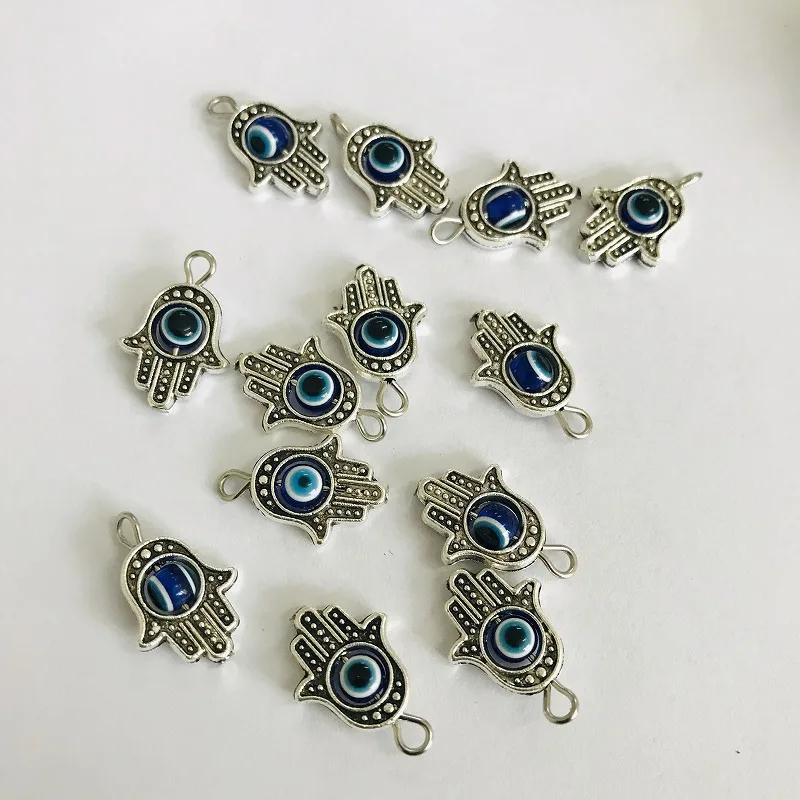 10Pcs Antique Silver Color Hamsa Fatima Hand Charm Evil Blue Eye Bead fit Pendant Necklace Bracelet Jewelry Accessories DIY