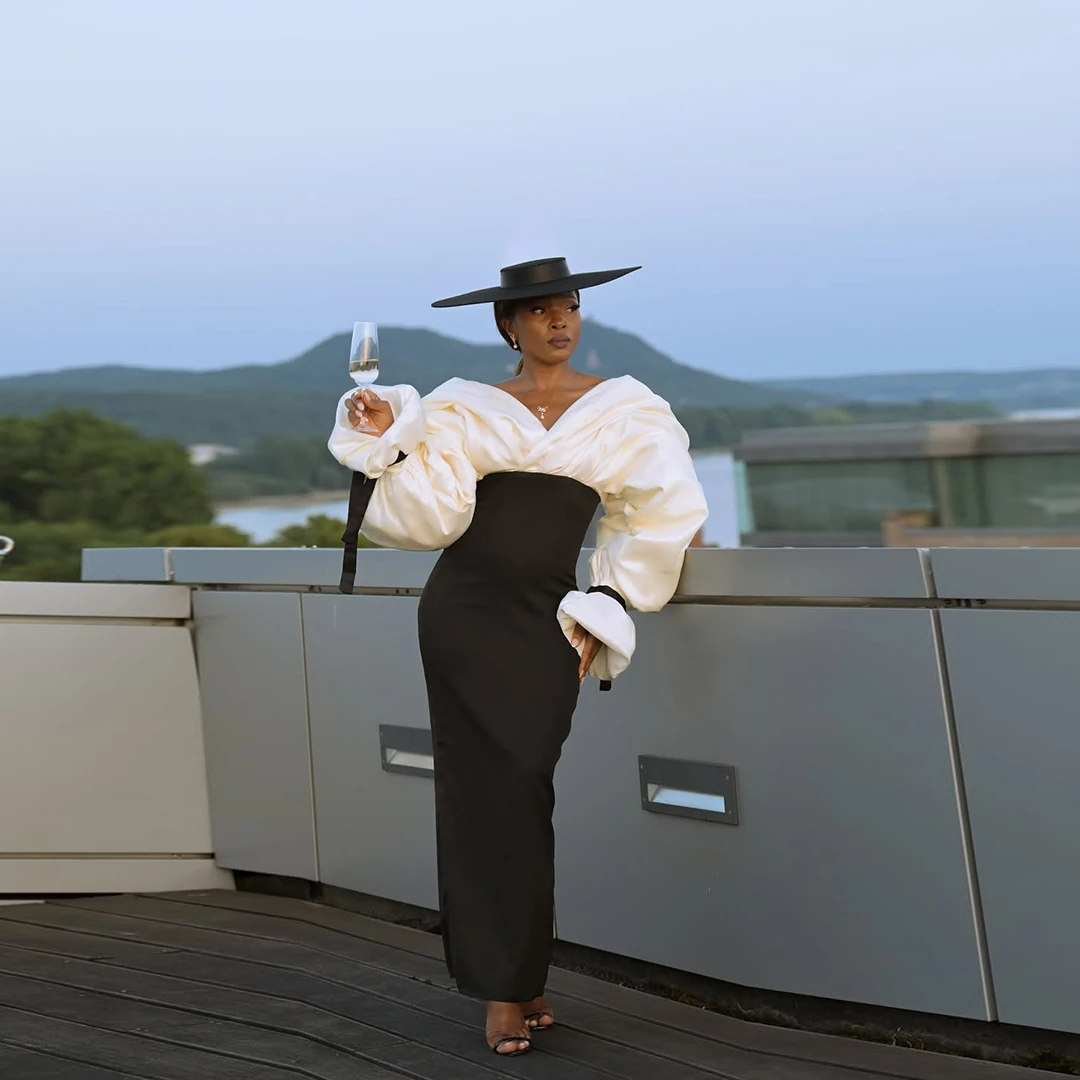 

Черно-белые атласные вечерние платья Модные с открытыми плечами с v-образным вырезом Русалка длиной до щиколотки Длинные платья для выпускного вечера Африканское женское вечернее платье