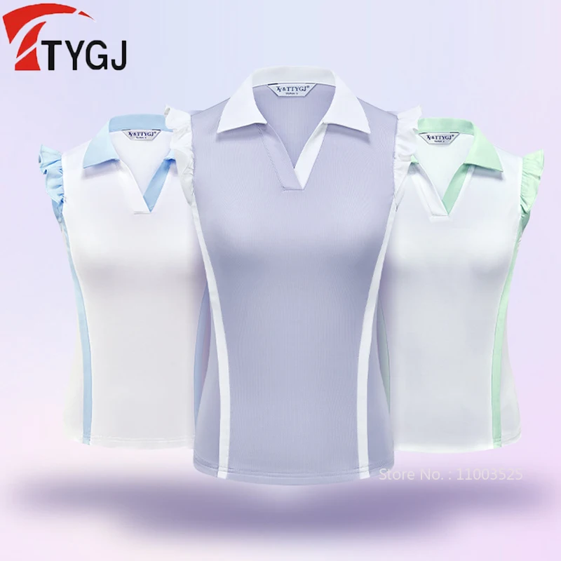 TTYGJ Quick Drying Golf Polo T Shirt Women Sleeveless Ruffle Tank Top Fly Sleeve Stretchy Shirts Lady V-Neck Sports Clothing