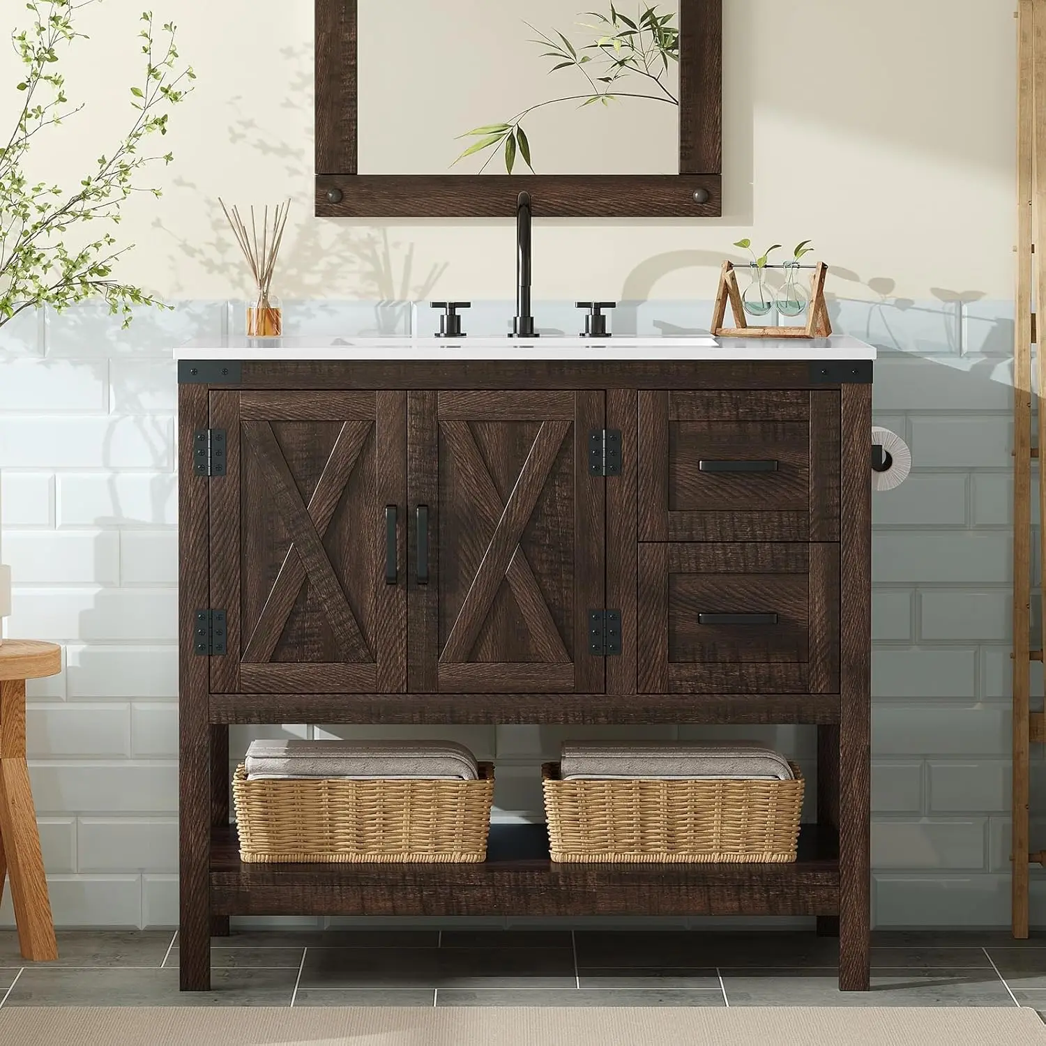 

36" Farmhouse Bathroom Vanity Sink Combo Wood Barn Door Storage Sliding Drawers Open Shelf Rustic Brown, Customized