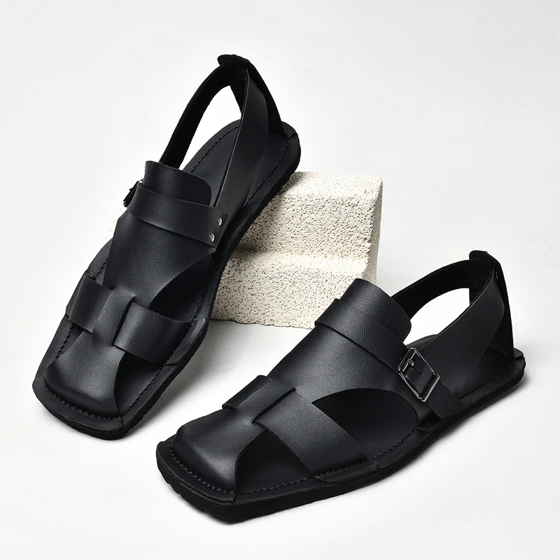 

Fashion Brand Men's Breathable and Non Slip Casual Beach Shoes for Summer New Comfortable Men's Flat Bottomed Square Toe Sandals