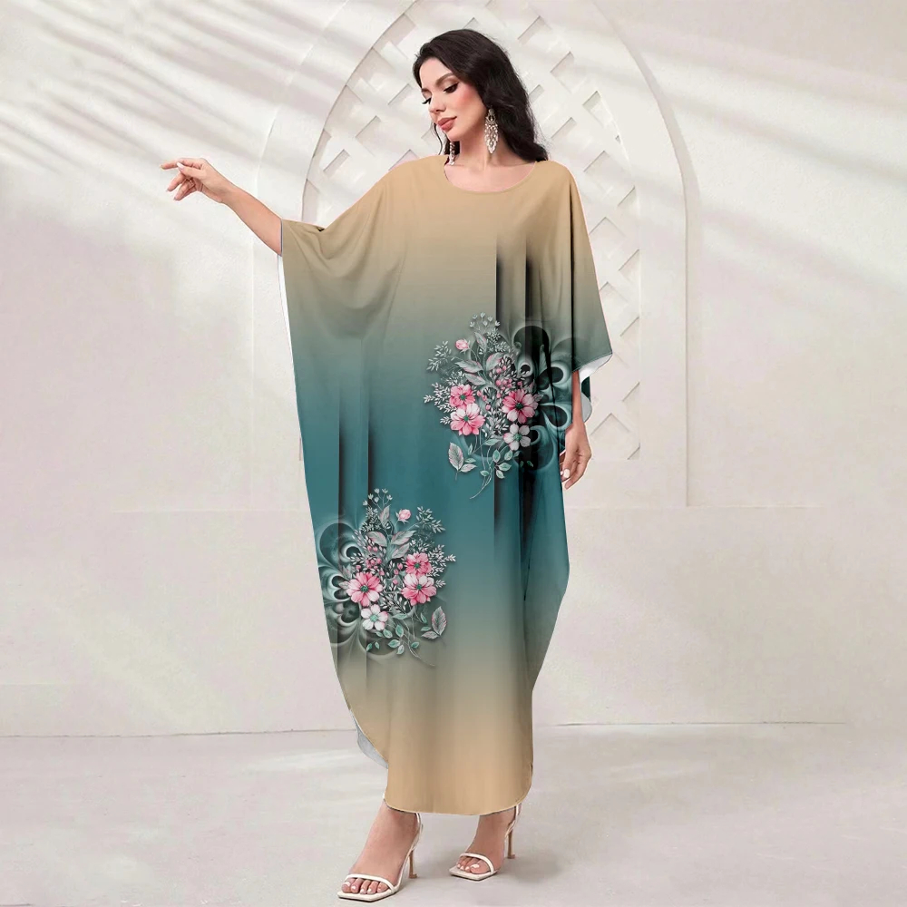 Summer Muslim Batsleeve Party Dress Women's Elegant Floral Print Dress Classic Islamic Abaya Arab Muslim Loose Temperament Abaya