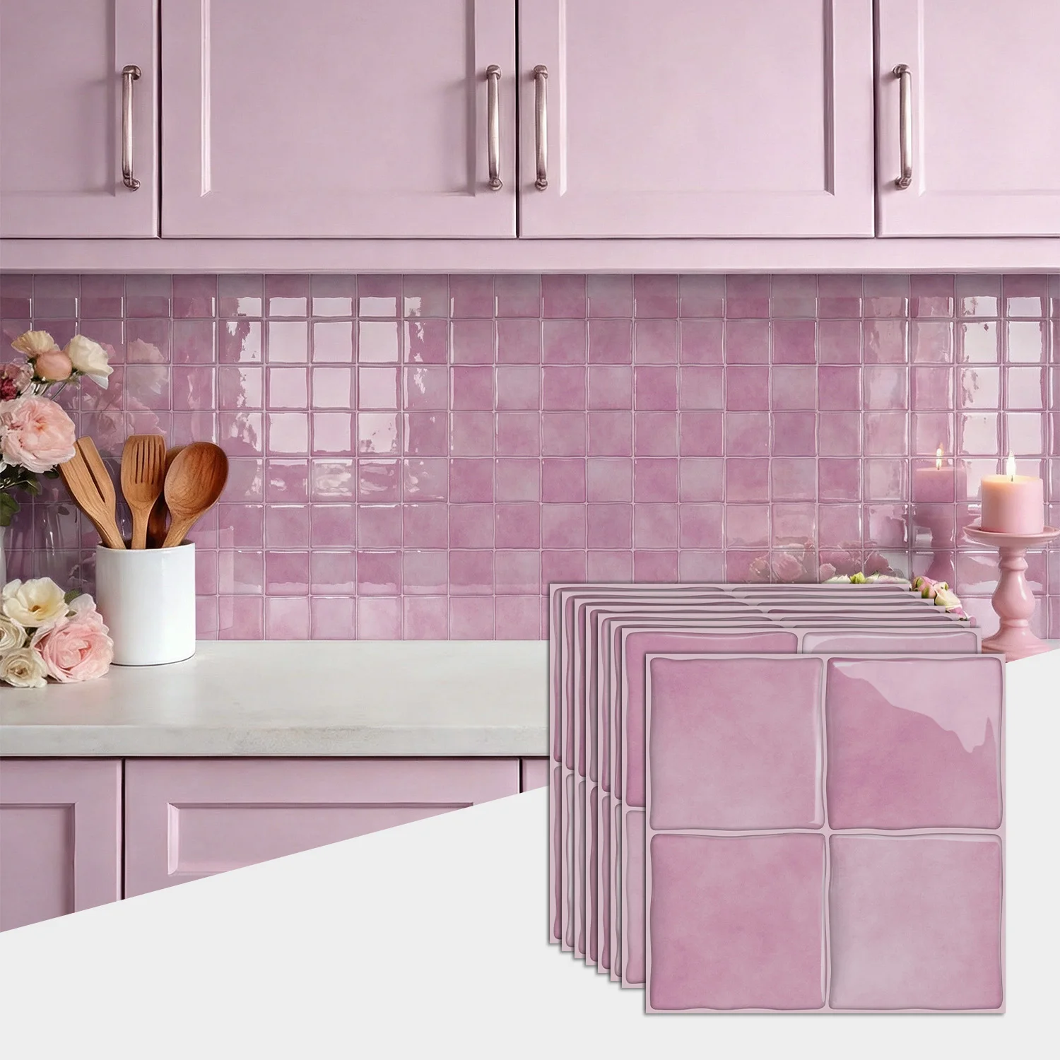 3D Epoxy Pink Tile Wall Stickers (6x6inch) Self-Adhesive PET+PU Waterproof Decor for Kitchen Bathroom