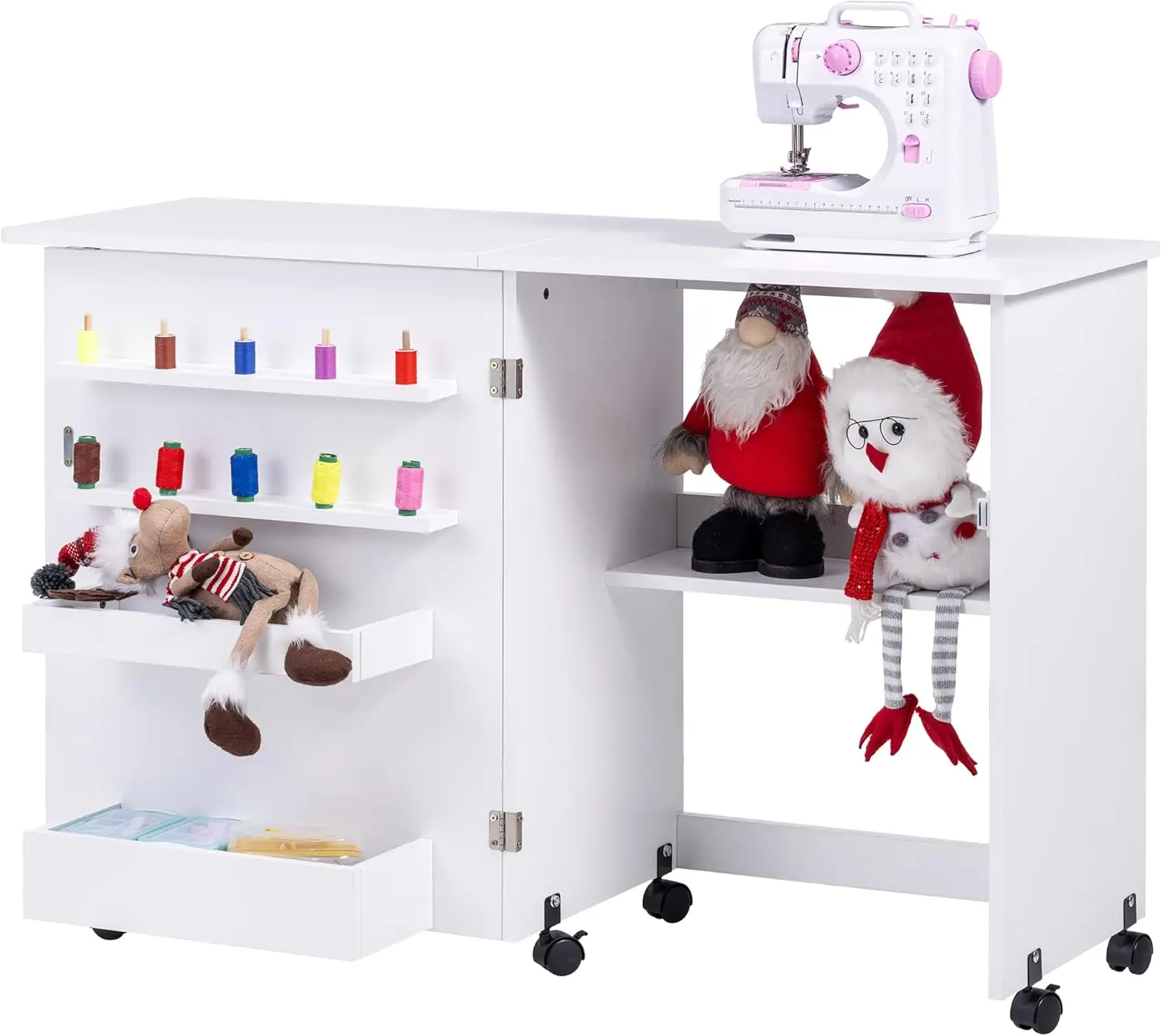 

Folding Sewing Table, Multipurpose Sewing Machine Table with Compact Design, Wheels, Shelves, Bins, Pegs, Magnetic Locks