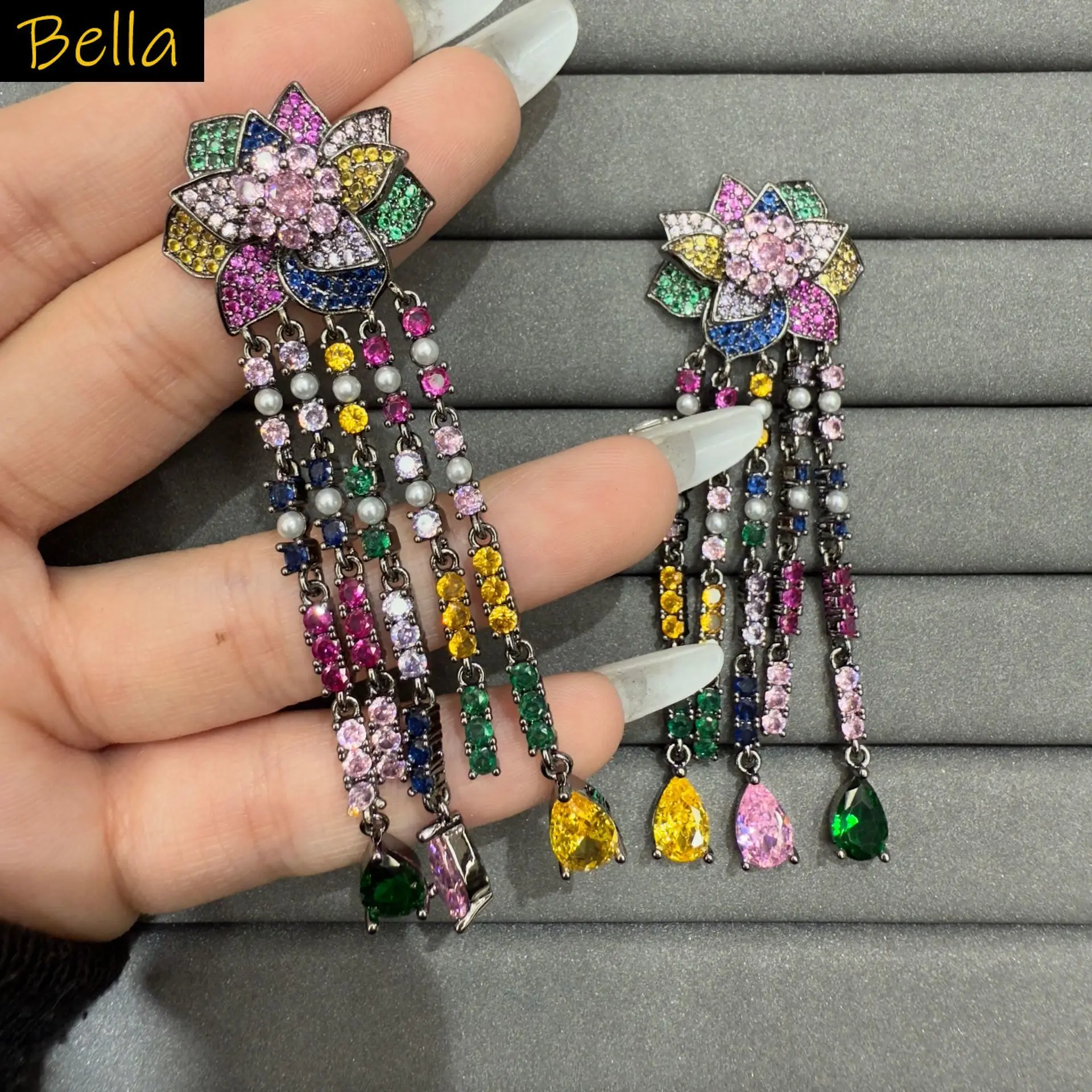 

Gorgeous cubic zirconia flower earrings for women sweet jewelry gala event party chain dangling earrings pink blue yellow fushia