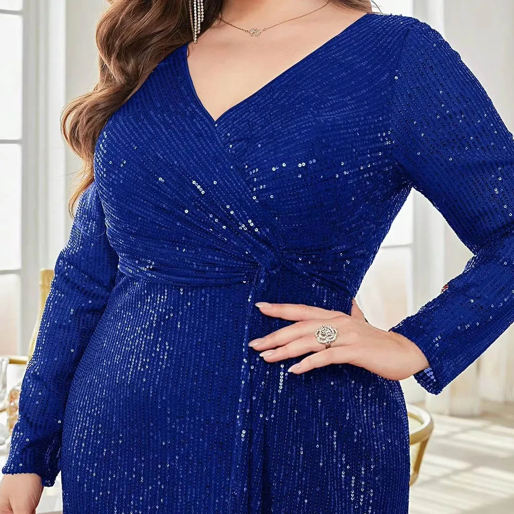 فساتين أم العروس الفاخرة المخصصة برقبة على شكل حرف V وأكمام طويلة ترتر أنيقة ماكسي لحفلات التخرج وحفلات الزفاف