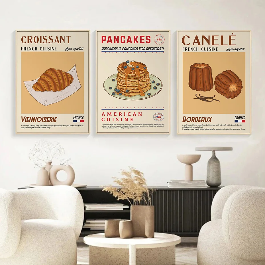 French Food Dessert Cuisine Croissant Mexican Taco Cartoon Poster Canvas Painting Wall Art Pictures Kitchen Bar Home Decor