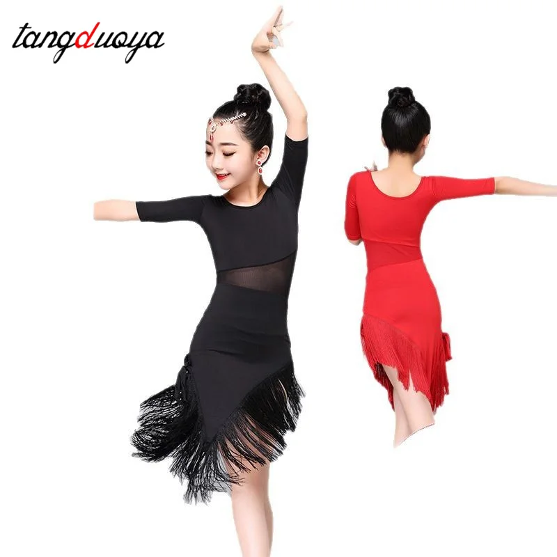 Robe de danse latine pour petites filles, 1 pièce/lot, vêtements de danse latine à franges, Costume de Salsa, robes de Tango pour salle de bal noires et rouges ﻿