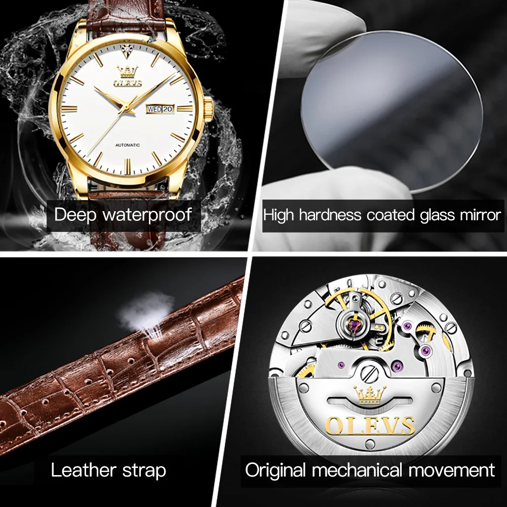 OLEVS New Business Mens Mechanical Watches Waterproof Genuine Leather Brand Luxury Automatic Wristwatch Clock Relogio Masculino