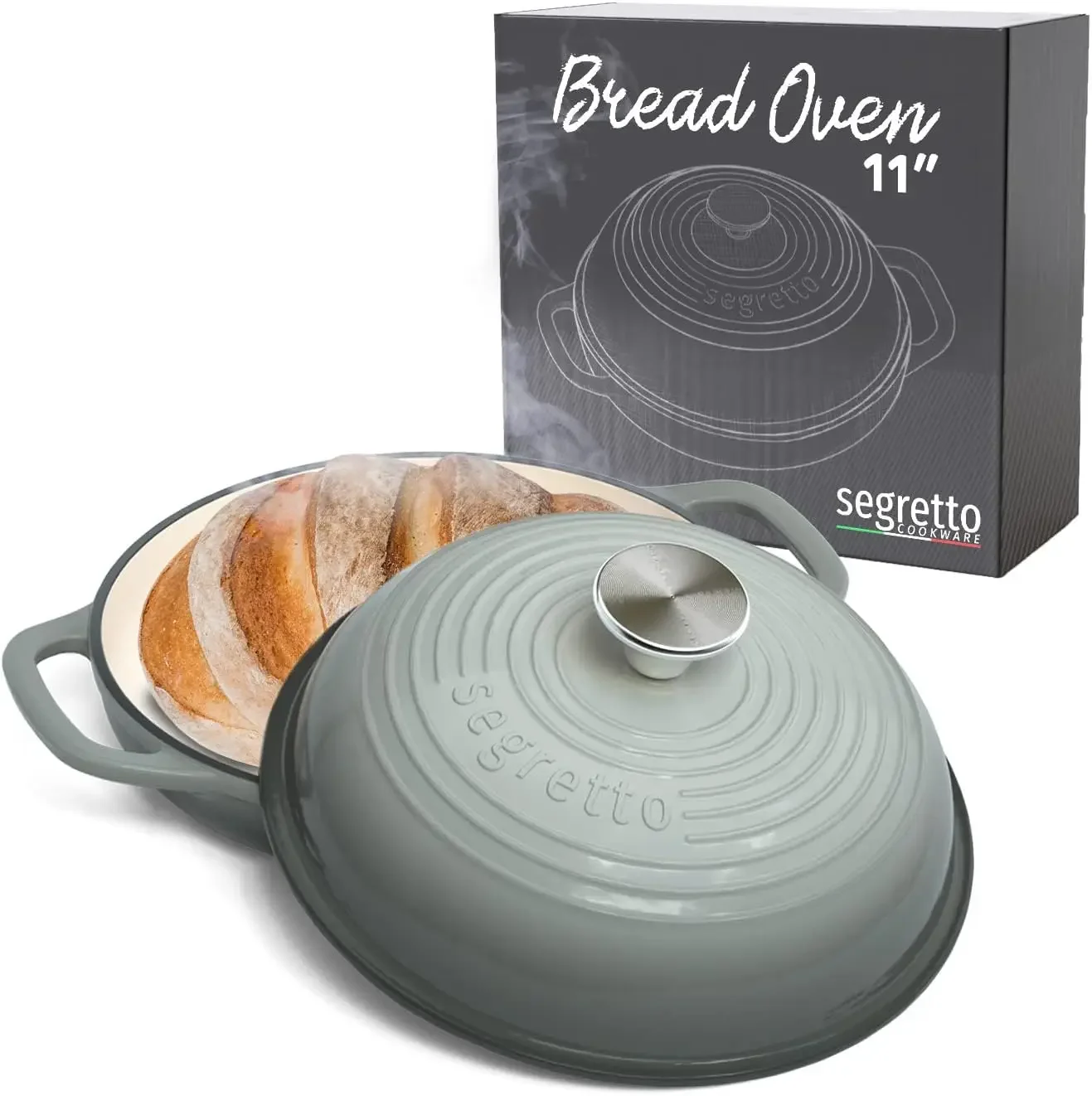 Cast Iron Bread Pan with Lid, 11” Grigio Scuro (Gray) Bread Oven Cast Iron Sourdough Baking Pan, Dutch Oven for Bread -