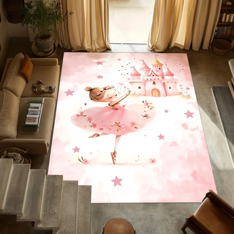 Pink Princess Theme Area Rug Ballerina and Castle Pattern Floormat Ideal for Living Room Decor  Bedroom Mat