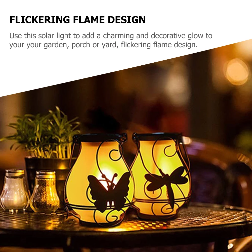 

Retro Flame Solar Lantern Dragonfly Glass Shade Hanging Light for Garden Yard Outdoor Decor Flickering Flame Solar Lights