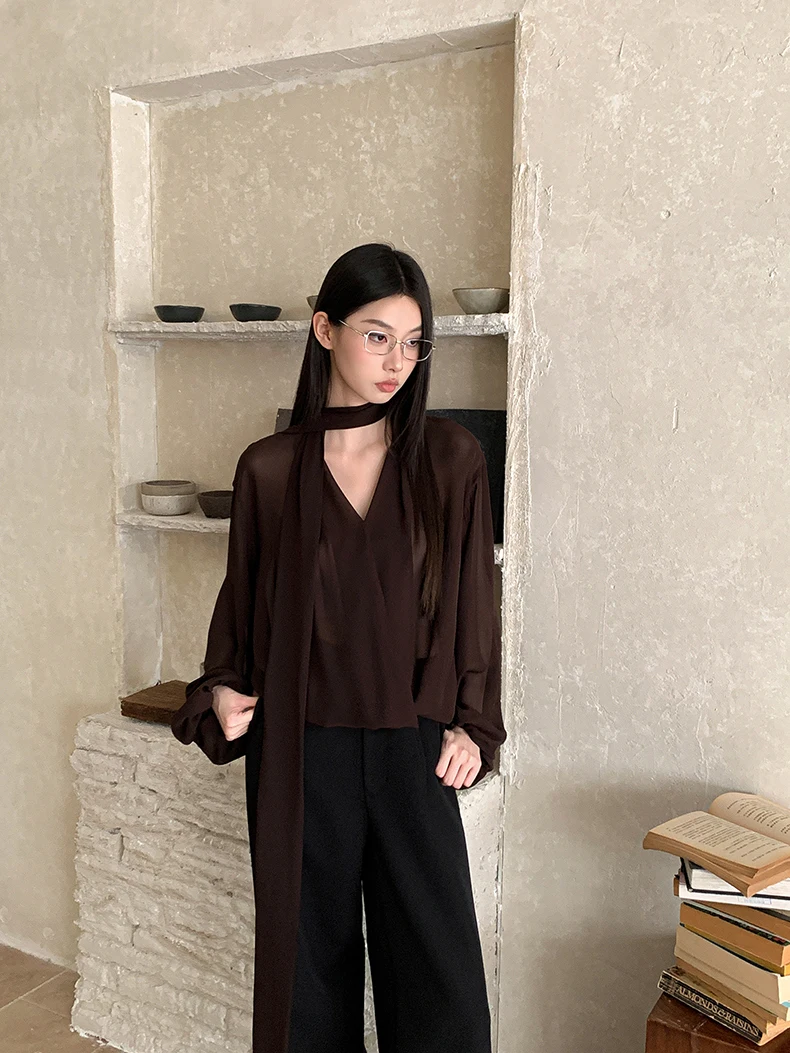 CHEERART Brown Chiffon Blouse Women Clothing Long Sleeve Top V Neck Ribbon Lady Tops And Blouses Fall Clothes 2024 Women