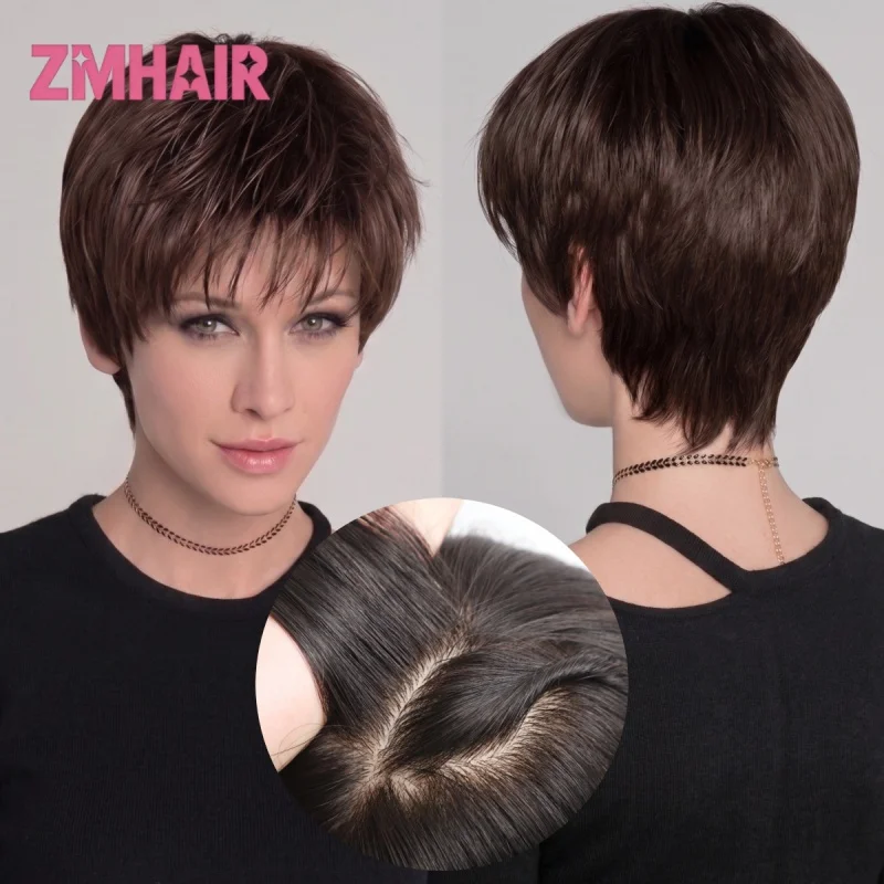 

100% Hand Tied Silk Base Short Pixie Cut Wigs for Women Medium Brown European Human Hair 150% Density Glueless Breathable Wig