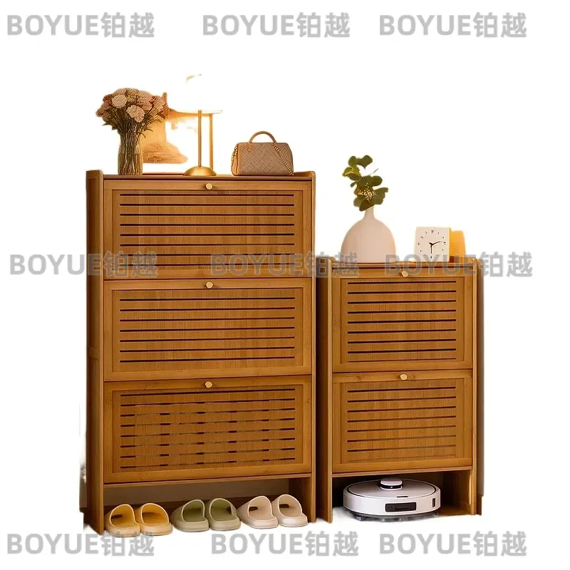 Ultra Thin Wooden Shoe Cabinet Modern Multi Layer Flip Door Bamboo Louvered Wall Storage Rack Space Saving Entryway Organizer