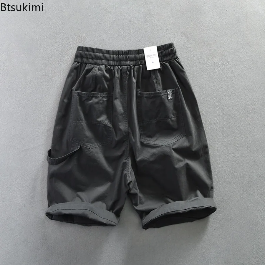 Summer New Men's Cargo Shorts 100% Cotton Elasticated Waist Casual Drawstring Straight Shorts Retro Big Pockets Baggy Pants Male