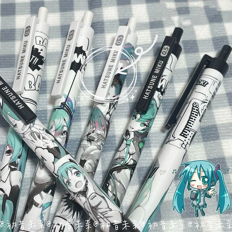 6 Stuks Anime Hatsune Miku Gel Pen Kawaii Zwart Sneldrogend Pers De Neutrale Handtekening Pen 0.5Mm Student Kids Briefpapier Benodigdheden