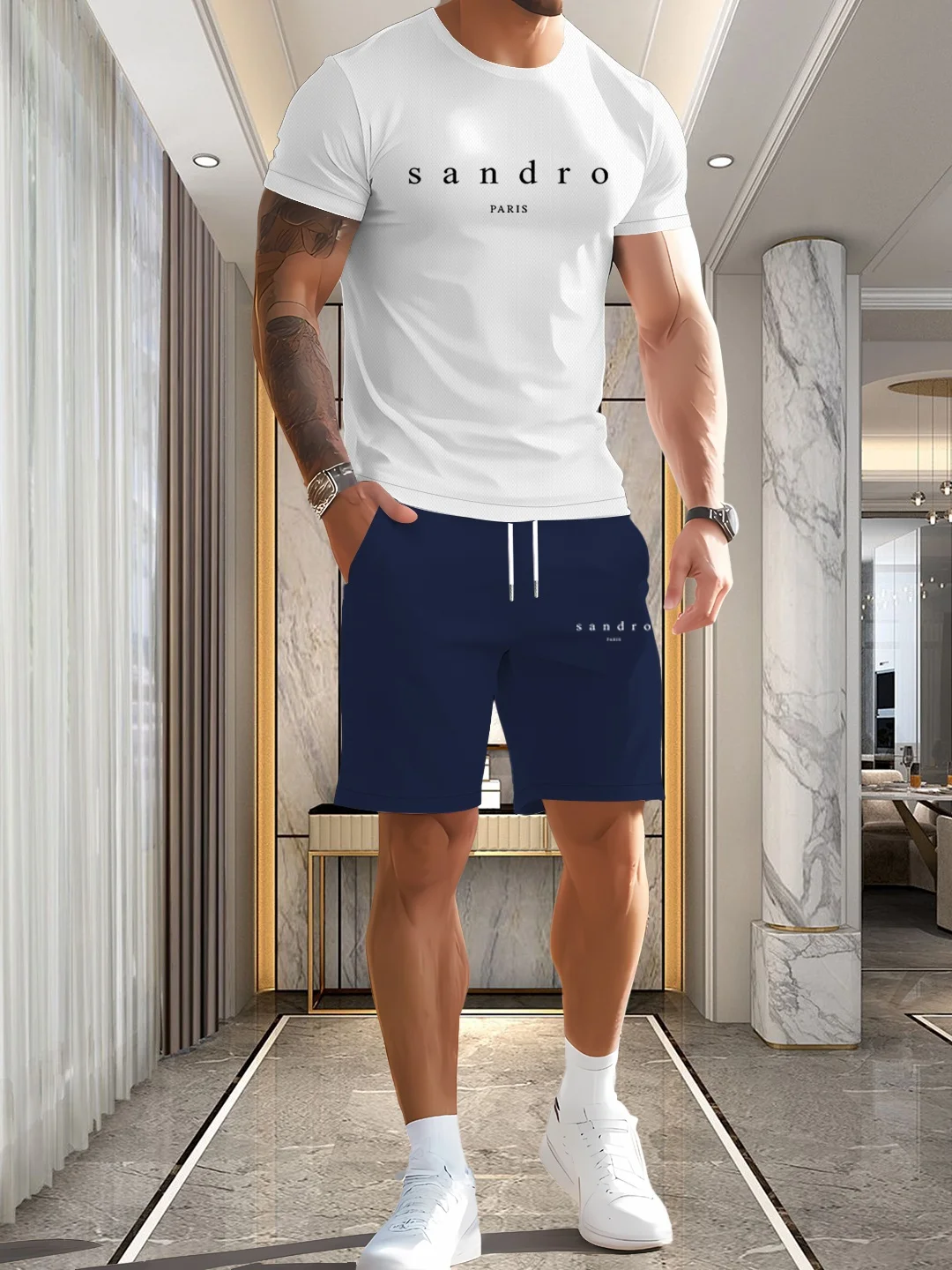 

Men's summer round neck printed T-shirt shorts set, comfortable, fashionable and casual two-piece set