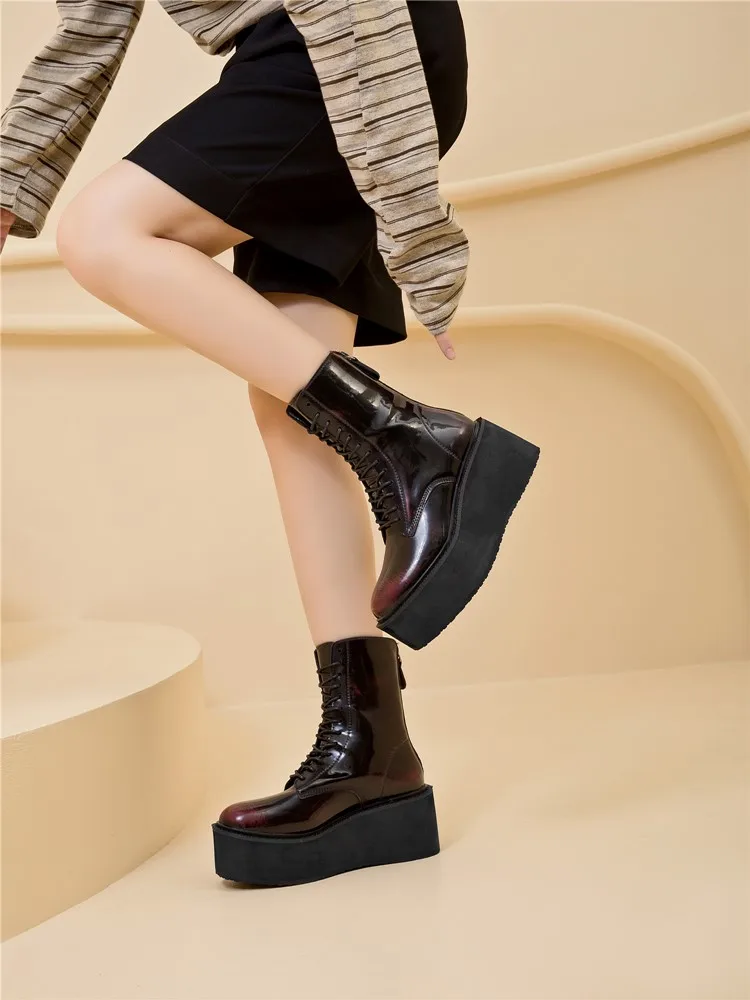 Damen-Stiefeletten und -Boots mit rutschfester, dicker Sohle für Herbst und Winter, Retro-Stiefel mit Erhöhung, Motorradstiefel für Damen – Detail 16