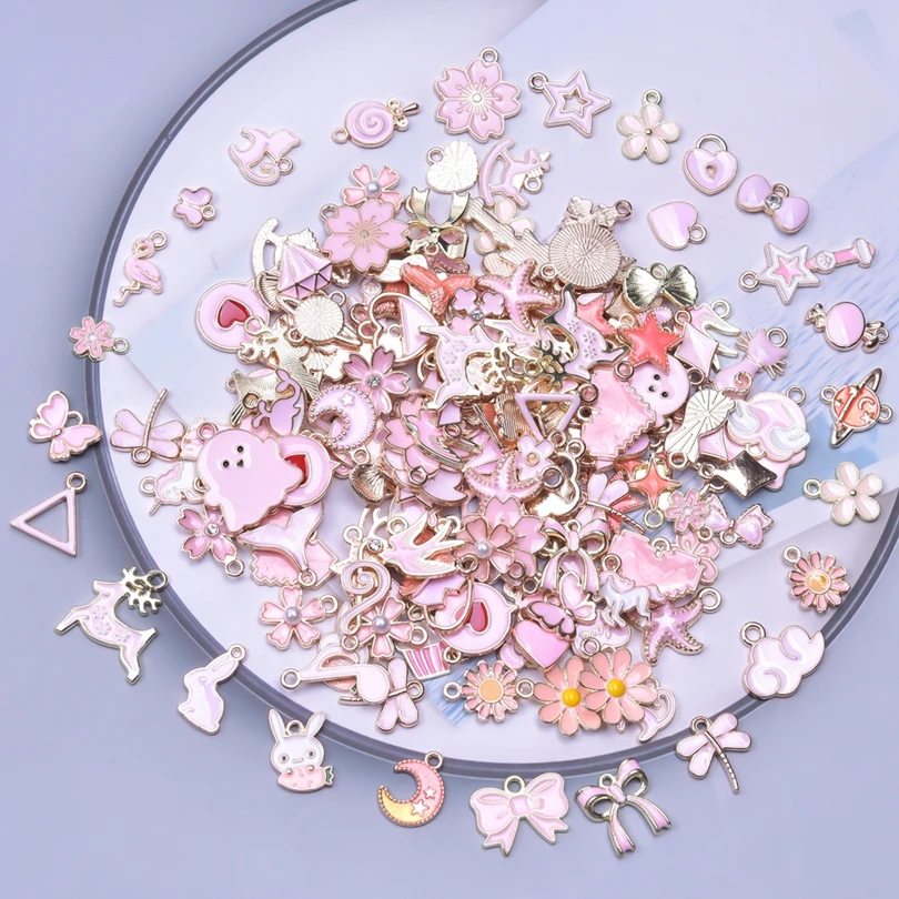 50 teile/los Mädchen Rosa Tropf Öl Zubehör Zufällig Mixed Stil Charme Tier Herz Blume Mond Anhänger DIY Schmuck Machen Liefert – Detail 5