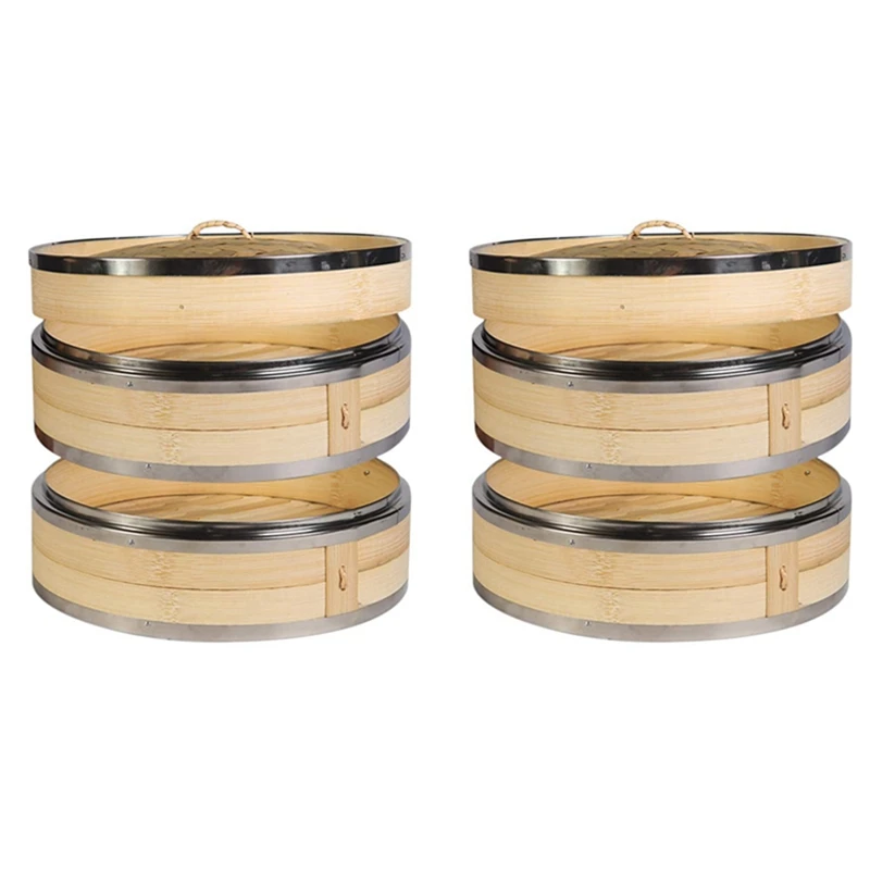 

Promotion! 2X 2 Tier Kitchen Bamboo Steamer With Double Stainless Steel Banding