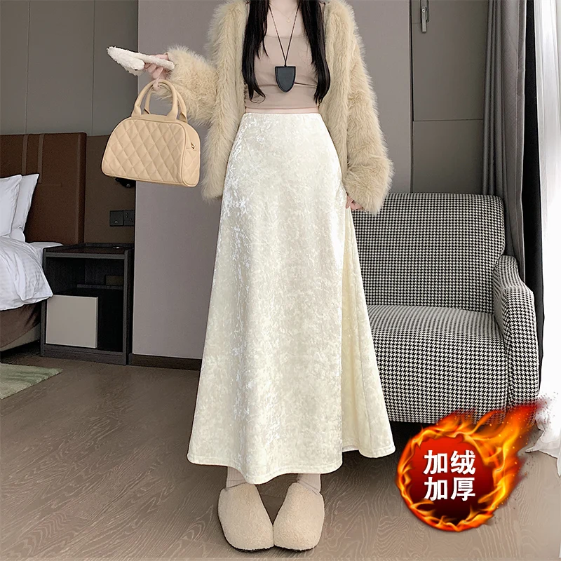 Women's Autumn Winter New Slimming Golden Velvet Fish Tail Skirts Stylish High Waist Asymmetrical A- Line Half Skirt