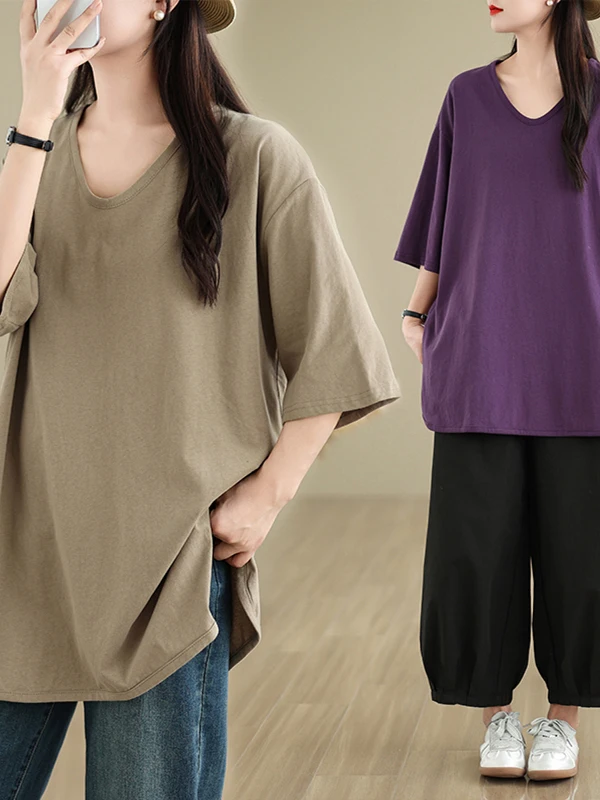 Semplice colore puro V-Ne cinque quarti Sve Midi T-irt da donna Allentato plus Size Asimmetrico Pendolarismo Sle Estate Nuovo arrivo