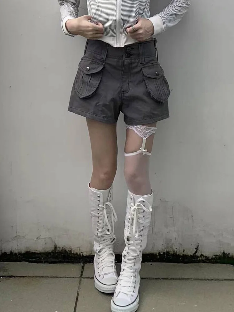 Retro American Spicy Girl Workwear Multi-Pocket Design Worn-look Denim Shorts Women's Spring Autumn Loose Slimming Shorts Trendy