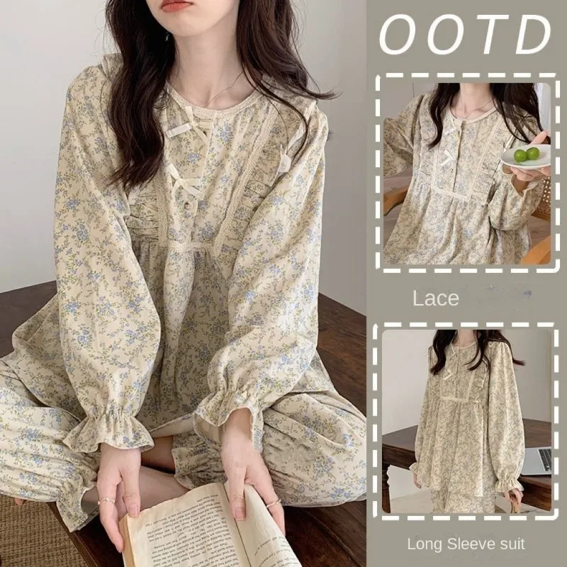 Four Seasons Can Wear Korean Style Floral Women's Pajamas Tops and Pants Summer Student Sleepwear Homewear Girl Sweet Nightwear