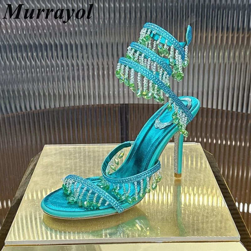 Sandals Women Ankle Snake Shaped Strap Summer Tassels Rhinestone Decor Thin High Heel Sandalias Paerty Banquet Dress Shoes
