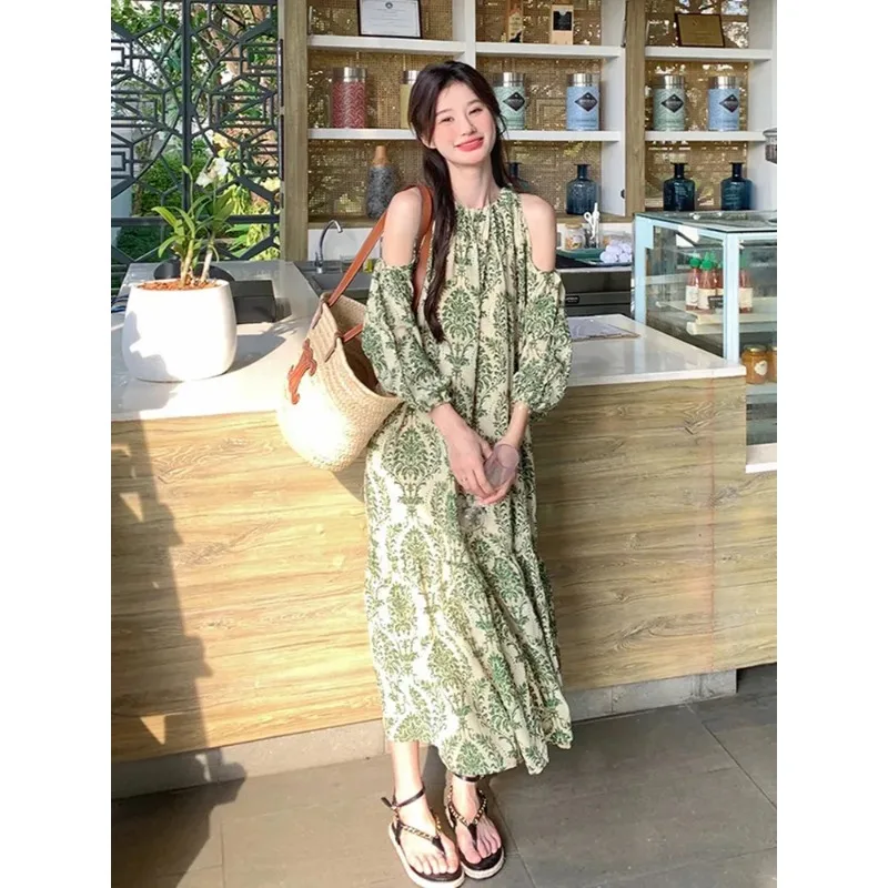 Women's Green Floral Print Cold Shoulder Lantern Sleeve Maxi Dress