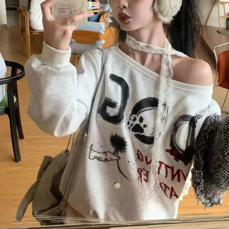 

American Retro Printed Letter Hoodies Autumn Skew Collar Women's Clothing Fashion Off Shoulder Casual Asymmetrical Sweatshirts