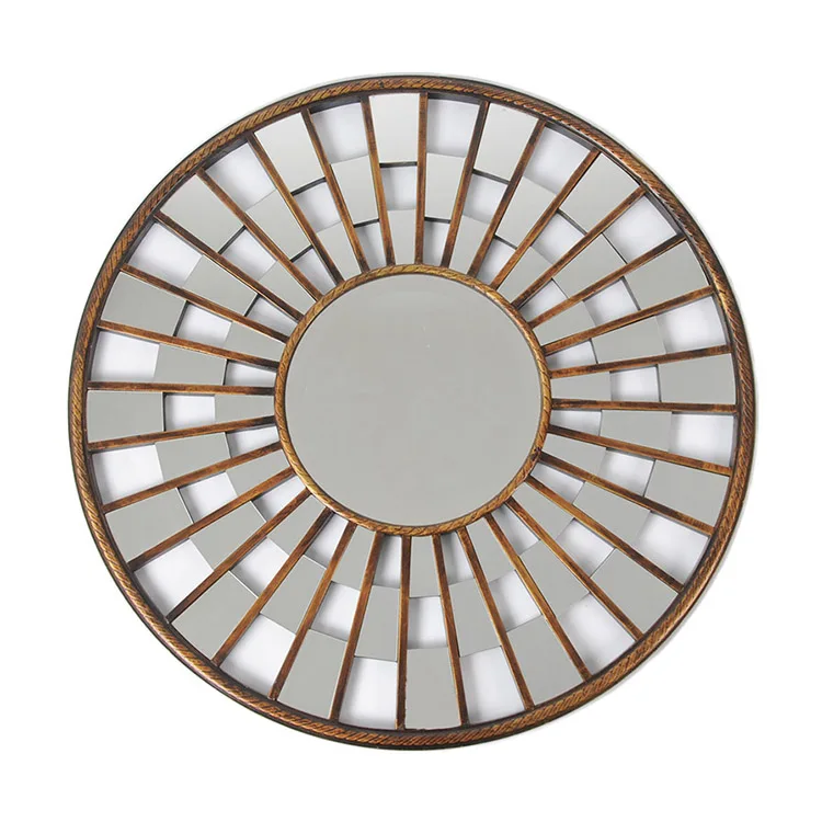 84cm Stylish design decorative big circle wall mirrors large round  dark wooden antique gold wall mirror for living room