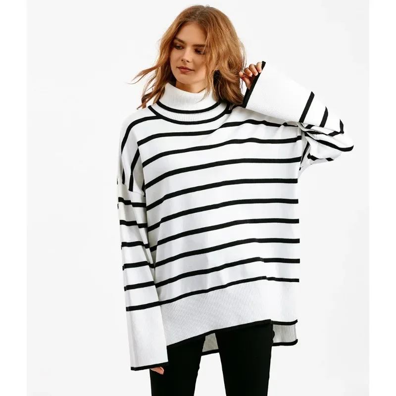 Women\'s Striped Sweater Black White Thick Warm Winter Top Streetwear Vintage Knitted Sweaters Women Turtleneck Pullover